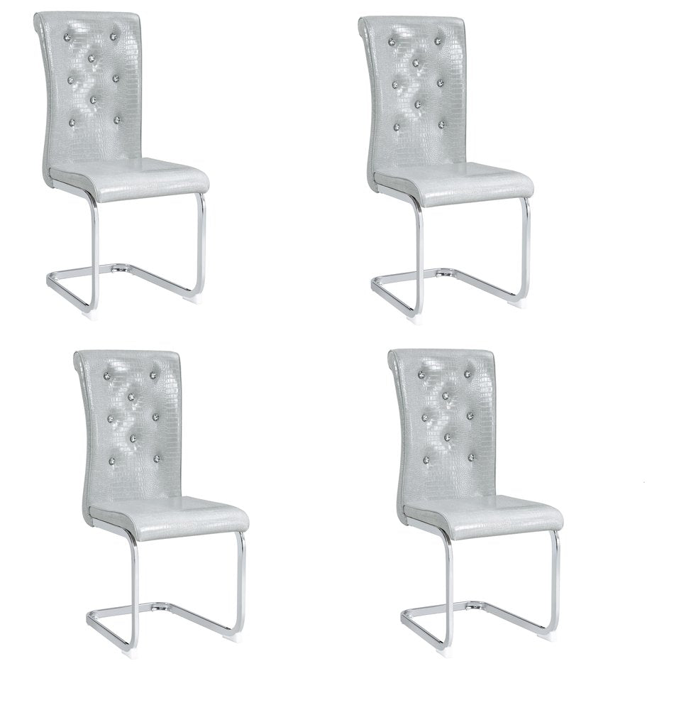Set of Four Gray And Silver Tufted Faux Leather And Metal Dining Side Chairs HomeRoots