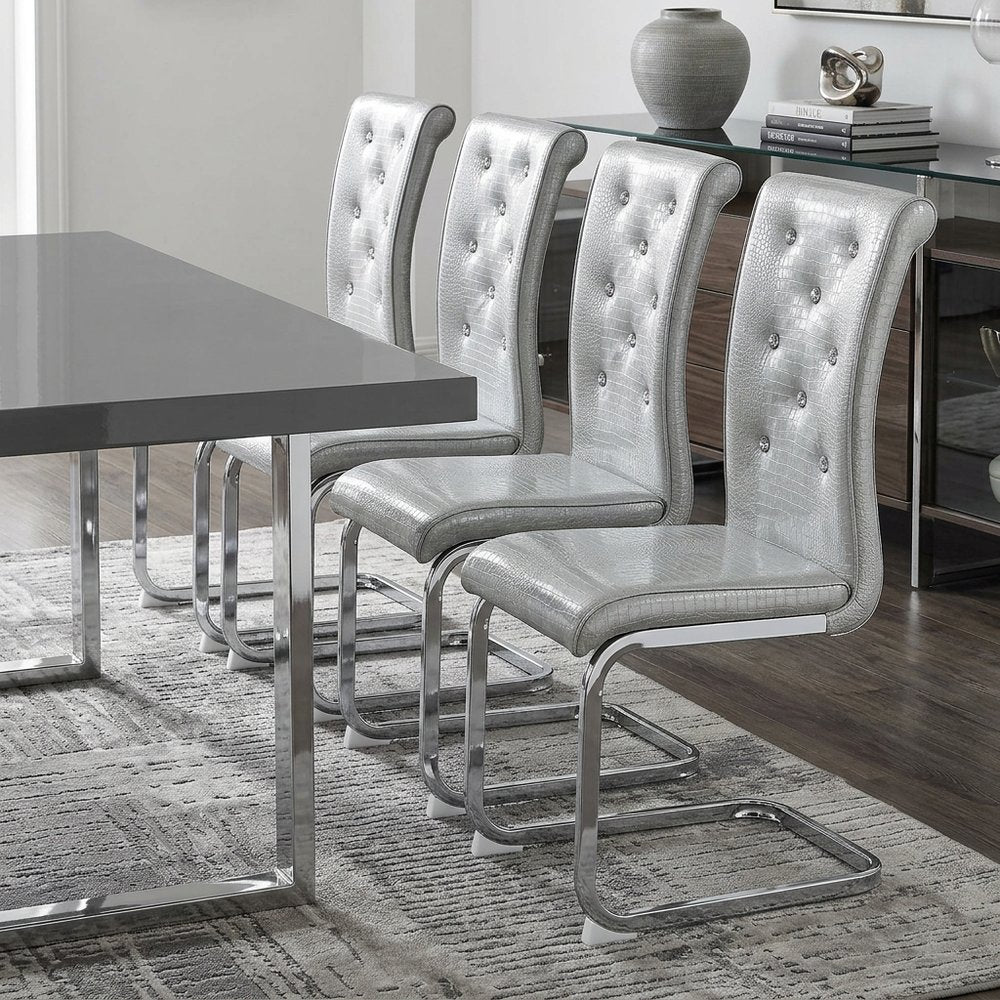 Set of Four Gray And Silver Tufted Faux Leather And Metal Dining Side Chairs — view 5