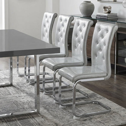 Set of Four Gray And Silver Tufted Faux Leather And Metal Dining Side Chairs HomeRoots
