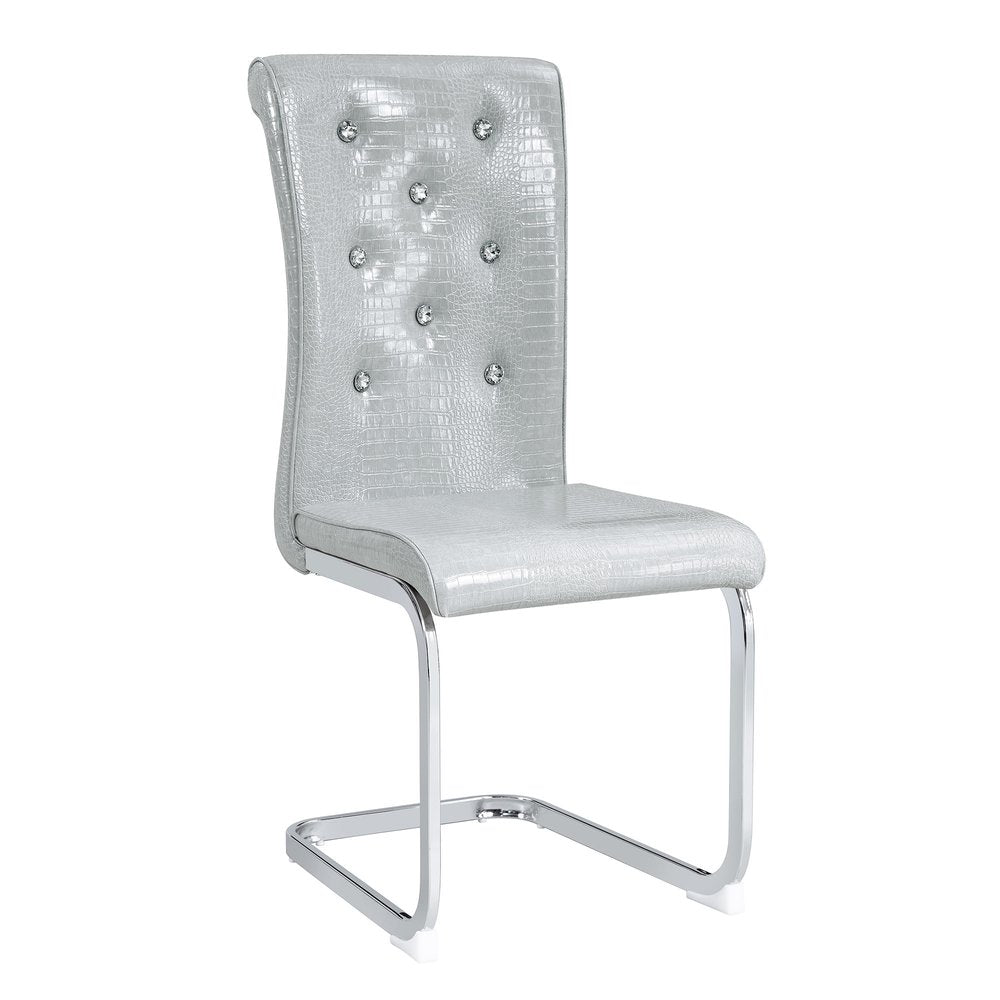 Set of Four Gray And Silver Tufted Faux Leather And Metal Dining Side Chairs — view 1