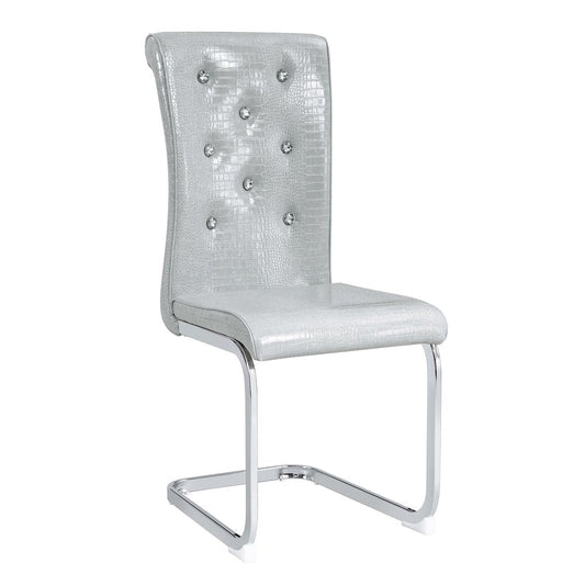 Set of Four Gray And Silver Tufted Faux Leather And Metal Dining Side Chairs HomeRoots