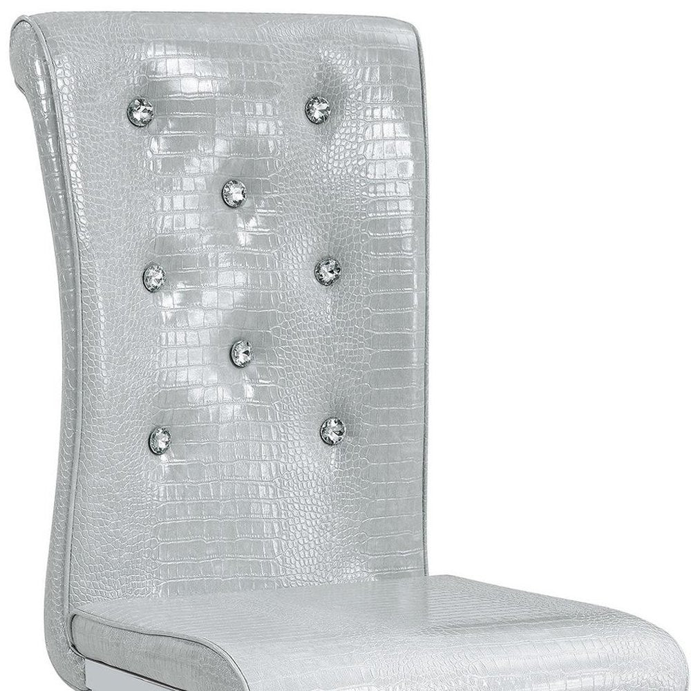 Set of Four Gray And Silver Tufted Faux Leather And Metal Dining Side Chairs — view 4