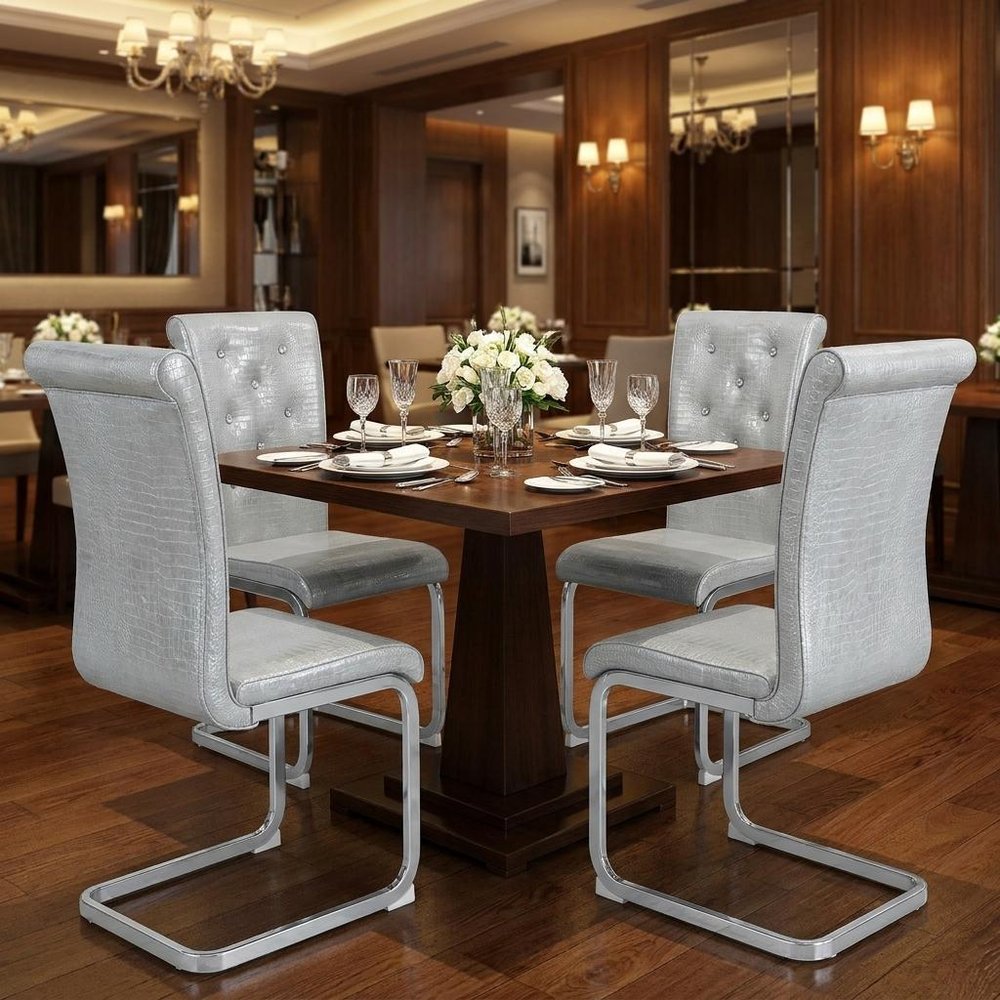 Set of Four Gray And Silver Tufted Faux Leather And Metal Dining Side Chairs — view 7