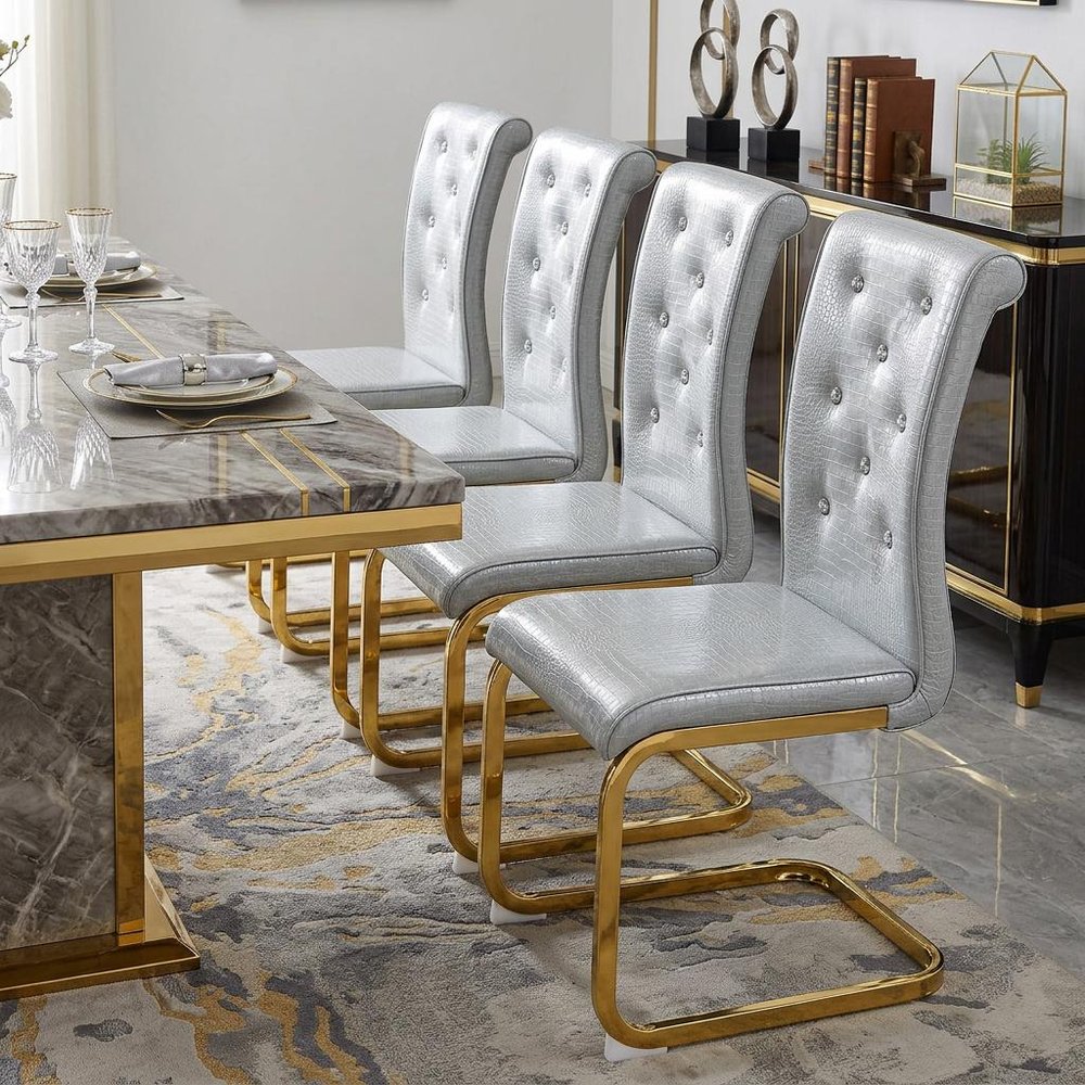 Set of Four Gray And Silver Tufted Faux Leather And Metal Dining Side Chairs HomeRoots