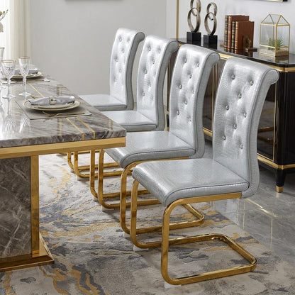 Set of Four Gray And Silver Tufted Faux Leather And Metal Dining Side Chairs HomeRoots