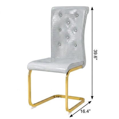 Set of Four Gray And Silver Tufted Faux Leather And Metal Dining Side Chairs HomeRoots