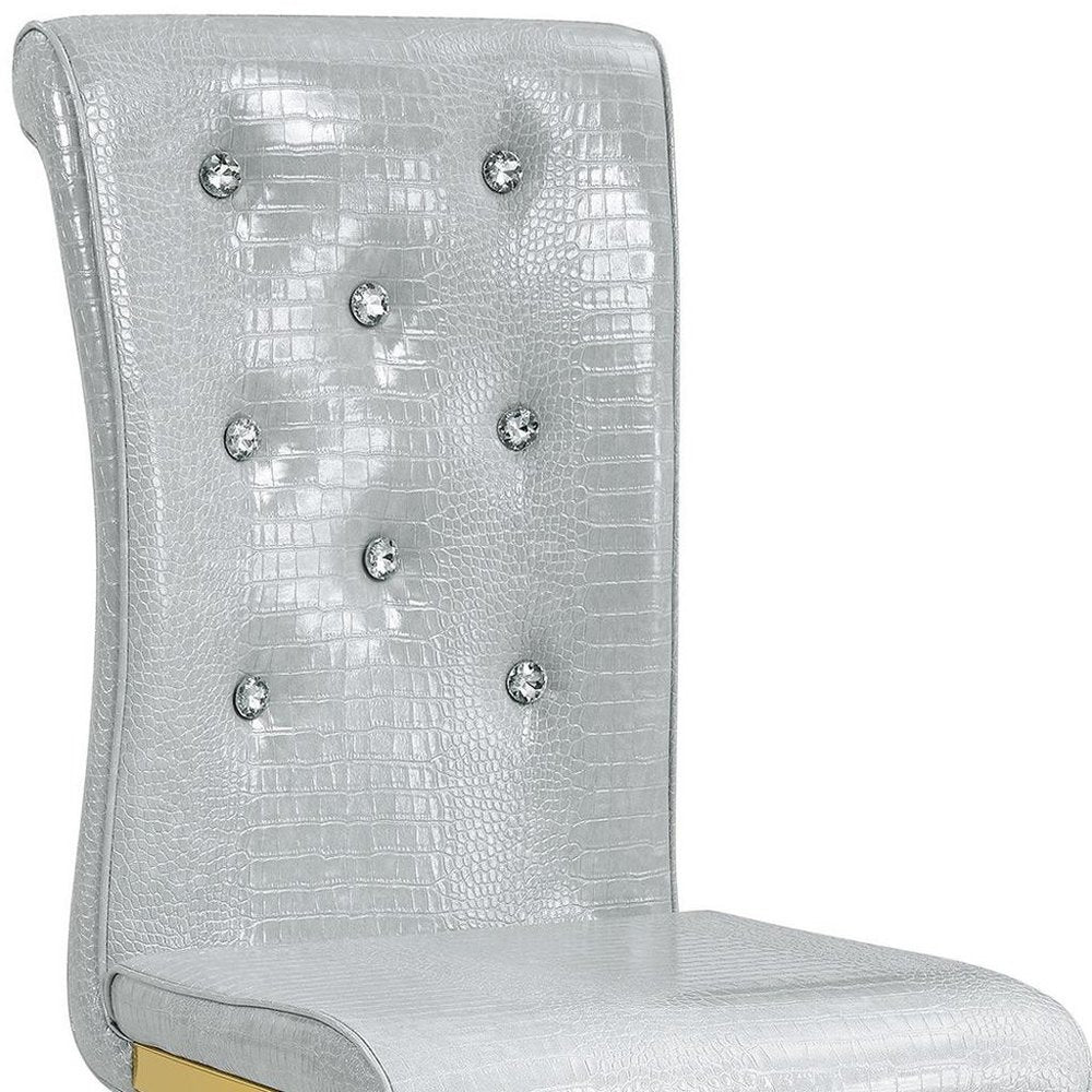 Set of Four Gray And Silver Tufted Faux Leather And Metal Dining Side Chairs HomeRoots