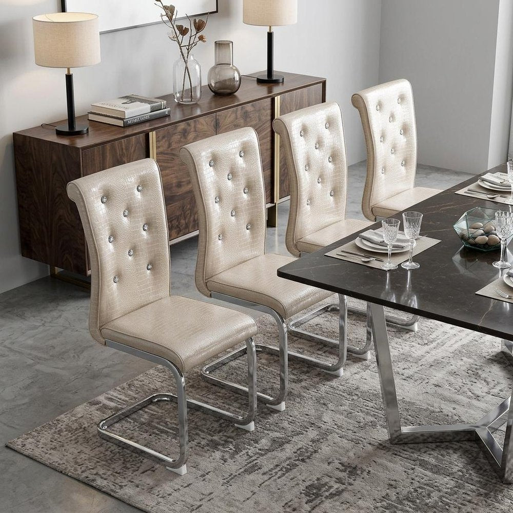 Set of Four Beige And Silver Tufted Faux Leather And Metal Dining Side Chairs HomeRoots