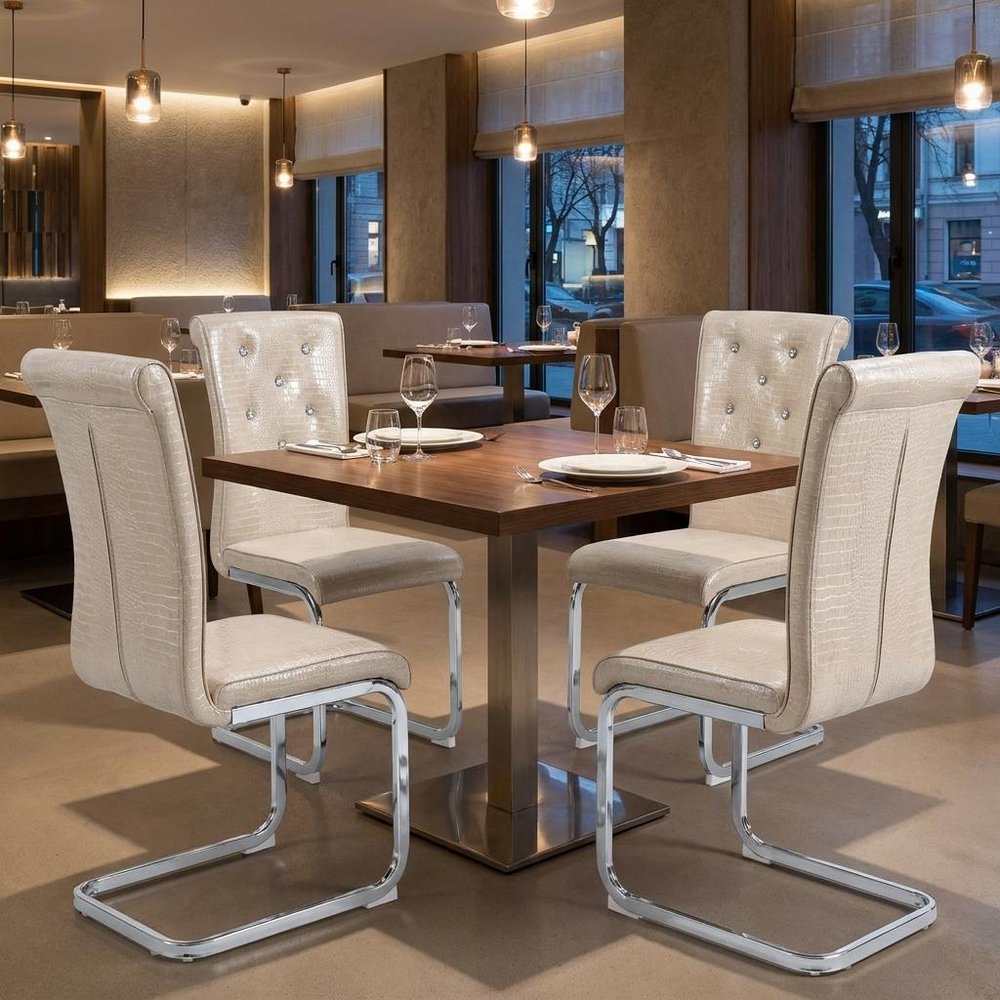 Set of Four Beige And Silver Tufted Faux Leather And Metal Dining Side Chairs HomeRoots
