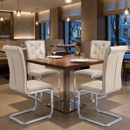 Set of Four Beige And Silver Tufted Faux Leather And Metal Dining Side Chairs HomeRoots