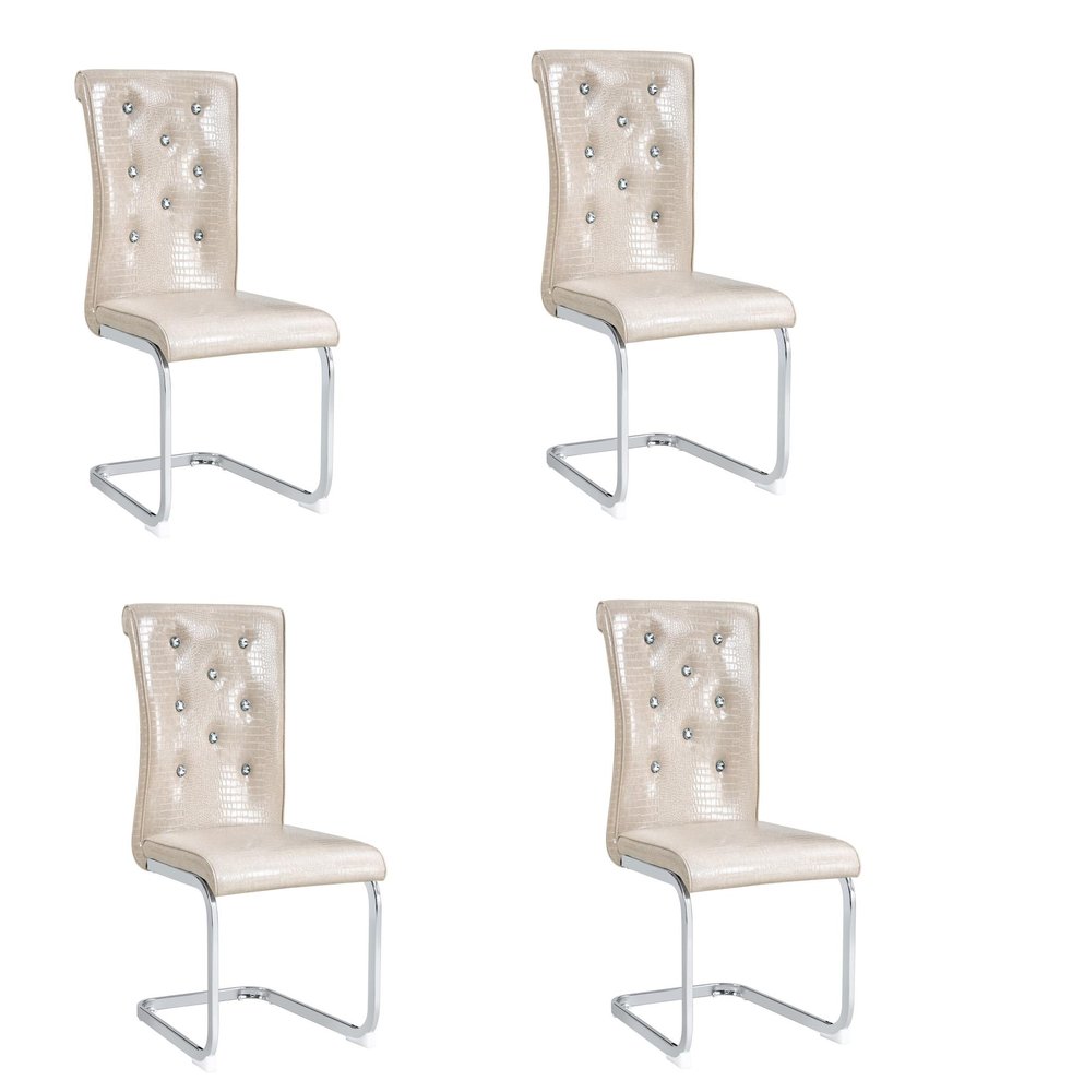 Set of Four Beige And Silver Tufted Faux Leather And Metal Dining Side Chairs HomeRoots