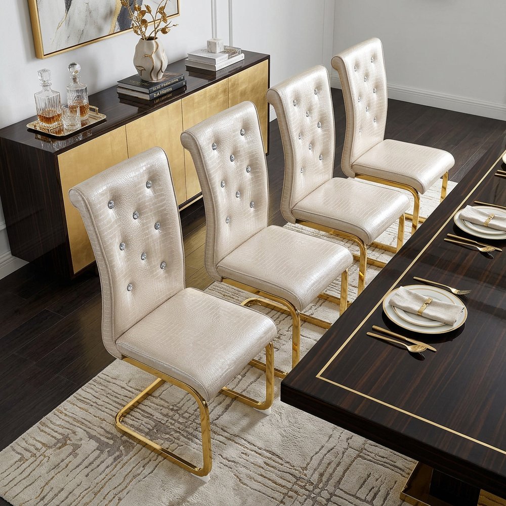 Set of Four Beige And Silver Tufted Faux Leather And Metal Dining Side Chairs HomeRoots