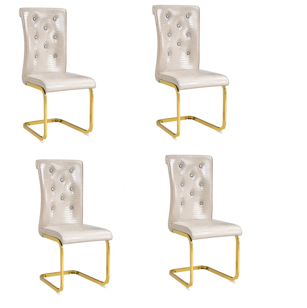 Set of Four Beige And Silver Tufted Faux Leather And Metal Dining Side Chairs HomeRoots