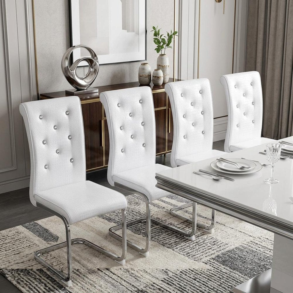 Set of Four White And Silver Tufted Faux Leather And Metal Dining Side Chairs — view 6