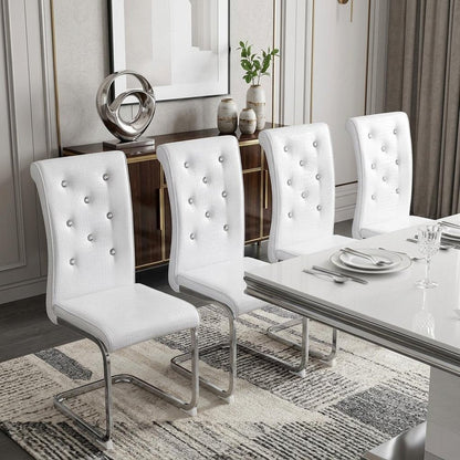 Set of Four White And Silver Tufted Faux Leather And Metal Dining Side Chairs HomeRoots
