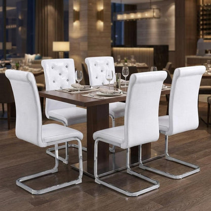 Set of Four White And Silver Tufted Faux Leather And Metal Dining Side Chairs HomeRoots