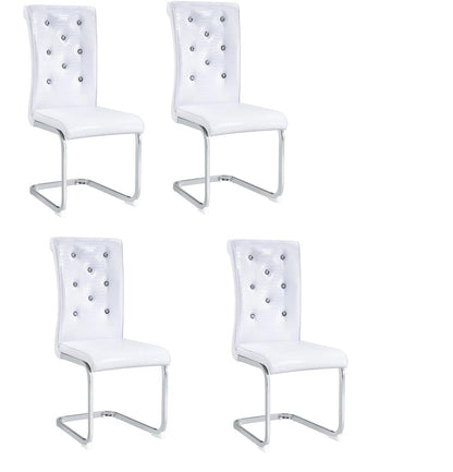 Set of Four White And Silver Tufted Faux Leather And Metal Dining Side Chairs HomeRoots