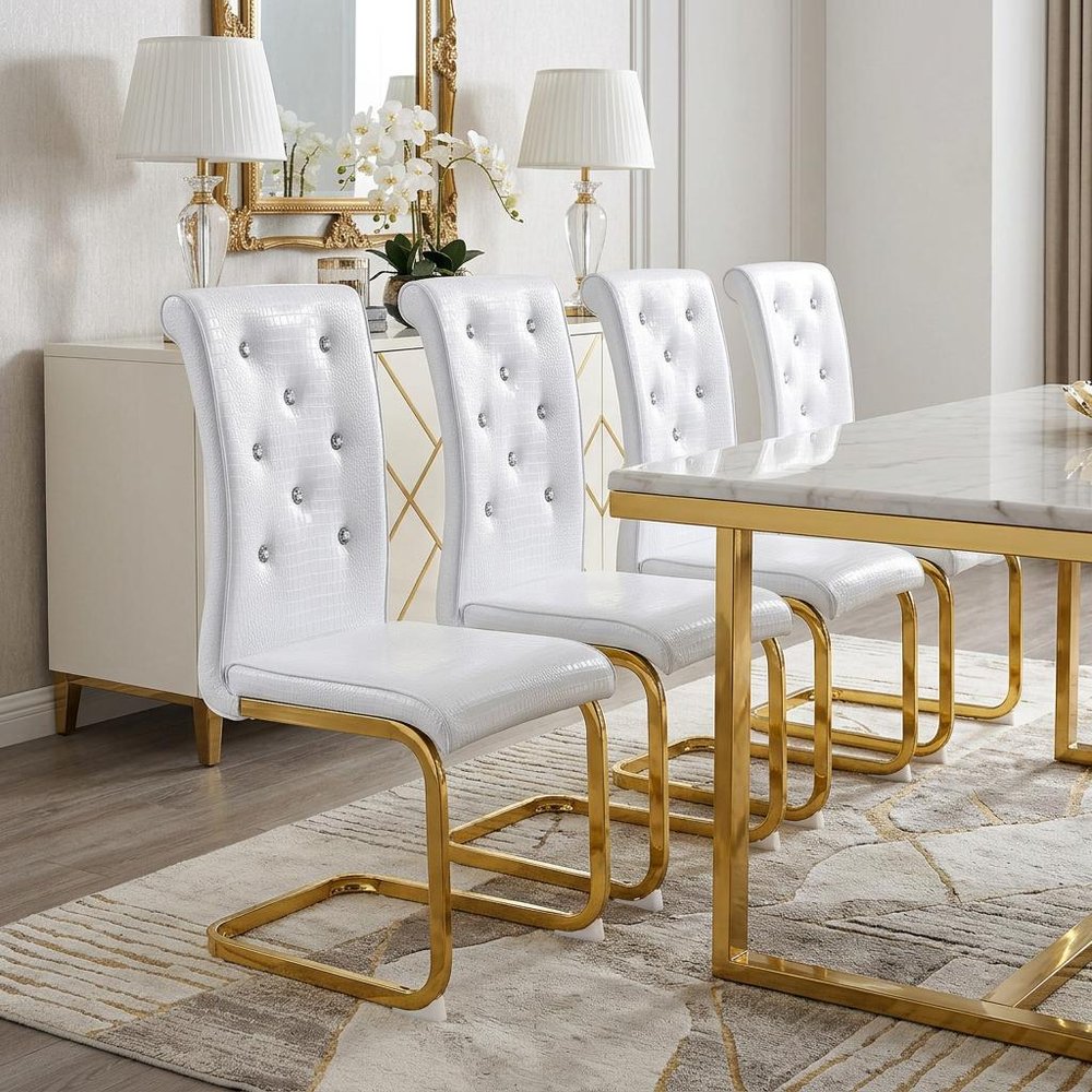 Set of Four White And Silver Tufted Faux Leather And Metal Dining Side Chairs HomeRoots