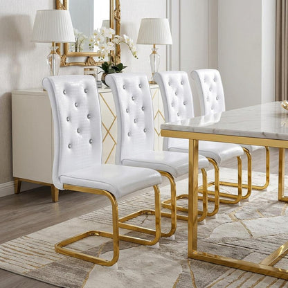 Set of Four White And Silver Tufted Faux Leather And Metal Dining Side Chairs HomeRoots