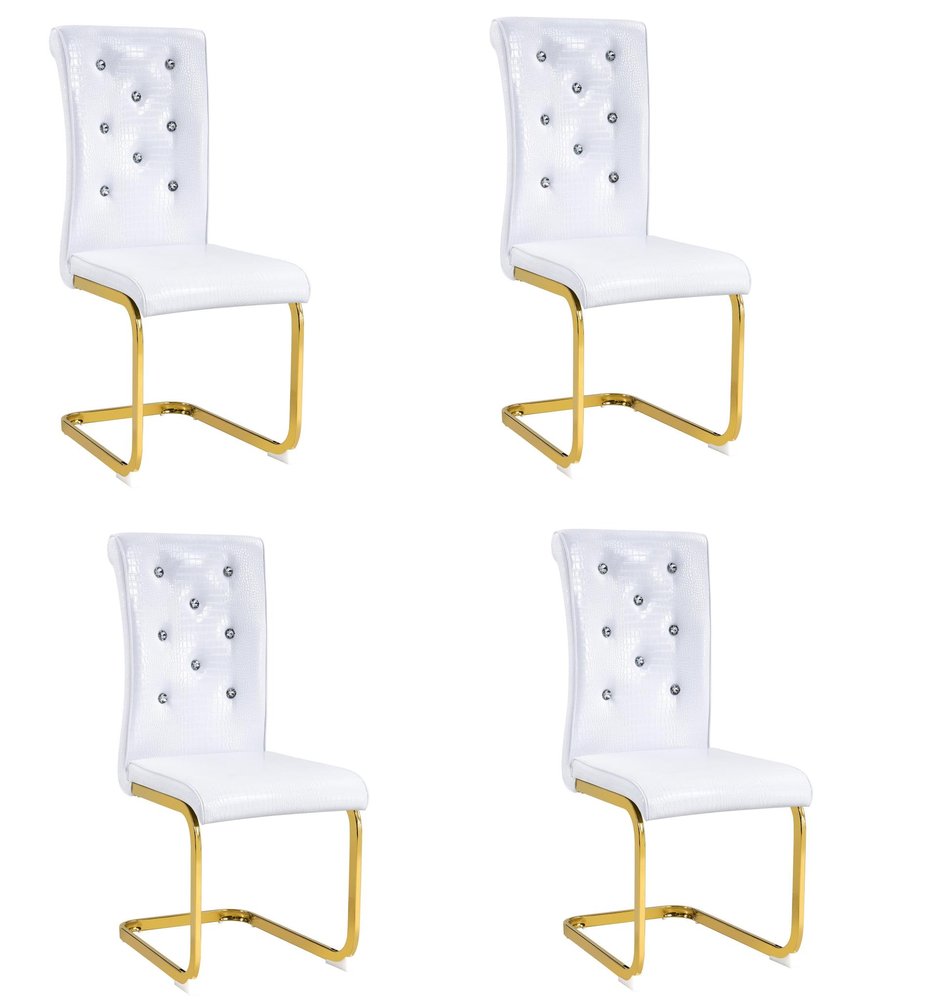 Set of Four White And Silver Tufted Faux Leather And Metal Dining Side Chairs HomeRoots