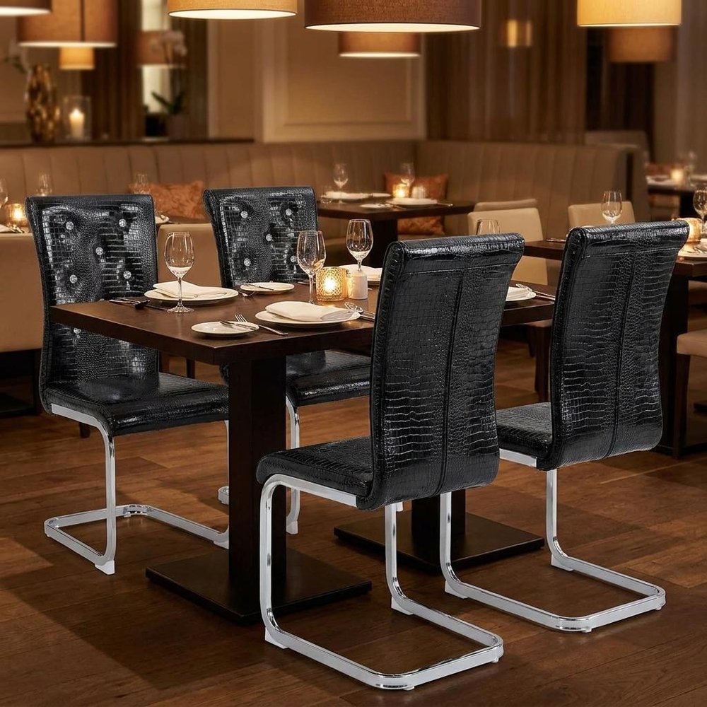 Set of Four Black And Gold Tufted Faux Leather And Metal Dining Side Chairs — view 8
