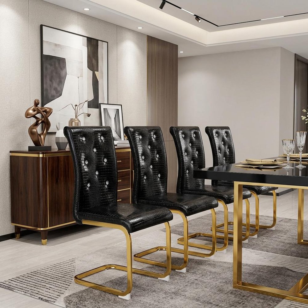 Set of Four Black And Gold Tufted Faux Leather And Metal Dining Side Chairs — view 12