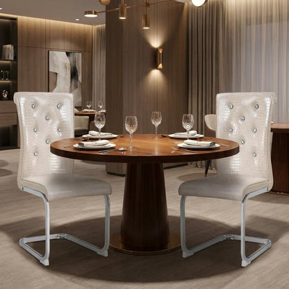 Set of Two Beige And Silver Faux Leather And Metal Dining Side Chairs HomeRoots