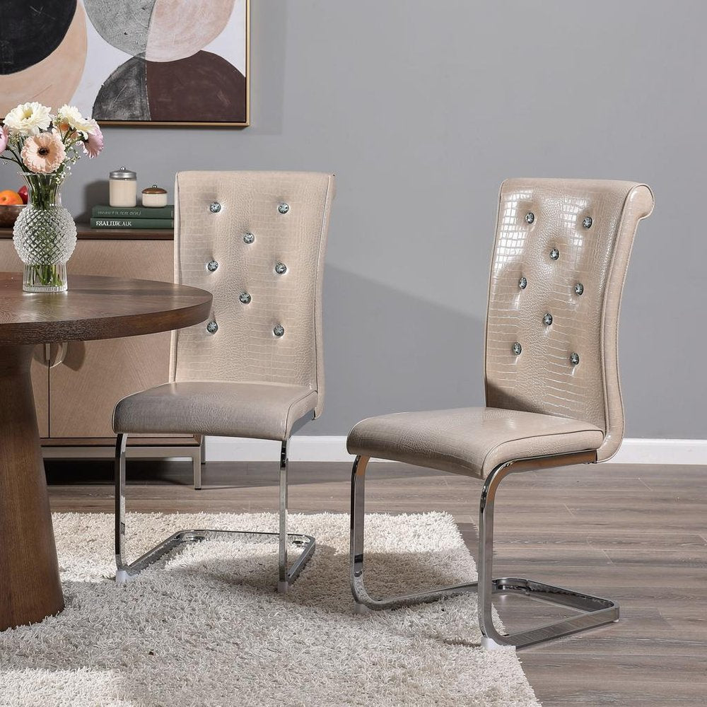Set of Two Beige And Silver Faux Leather And Metal Dining Side Chairs HomeRoots