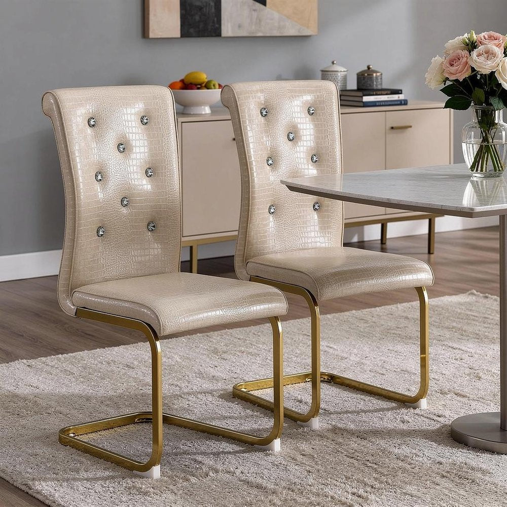 Set of Two Beige And Silver Faux Leather And Metal Dining Side Chairs HomeRoots