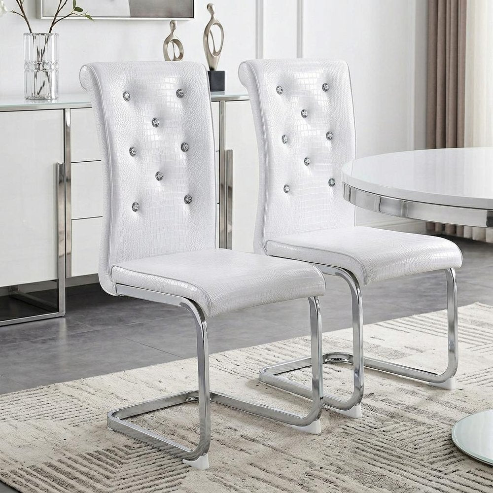 Set of Two White And Silver Tufted Faux Leather And Metal Dining Side Chairs HomeRoots
