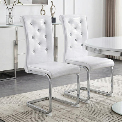 Set of Two White And Silver Tufted Faux Leather And Metal Dining Side Chairs HomeRoots
