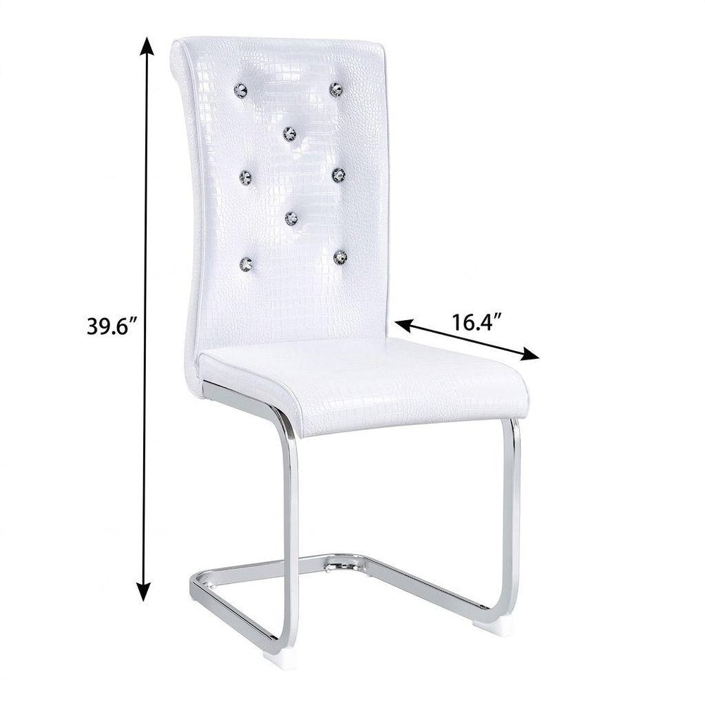 Set of Two White And Silver Tufted Faux Leather And Metal Dining Side Chairs HomeRoots