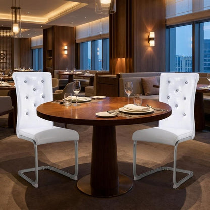 Set of Two White And Silver Tufted Faux Leather And Metal Dining Side Chairs HomeRoots