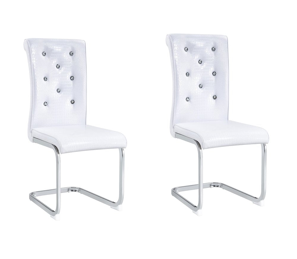 Set of Two White And Silver Tufted Faux Leather And Metal Dining Side Chairs HomeRoots