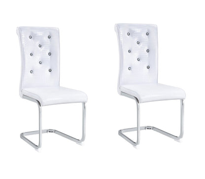 Set of Two White And Silver Tufted Faux Leather And Metal Dining Side Chairs HomeRoots