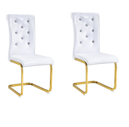 Set of Two White And Silver Tufted Faux Leather And Metal Dining Side Chairs HomeRoots