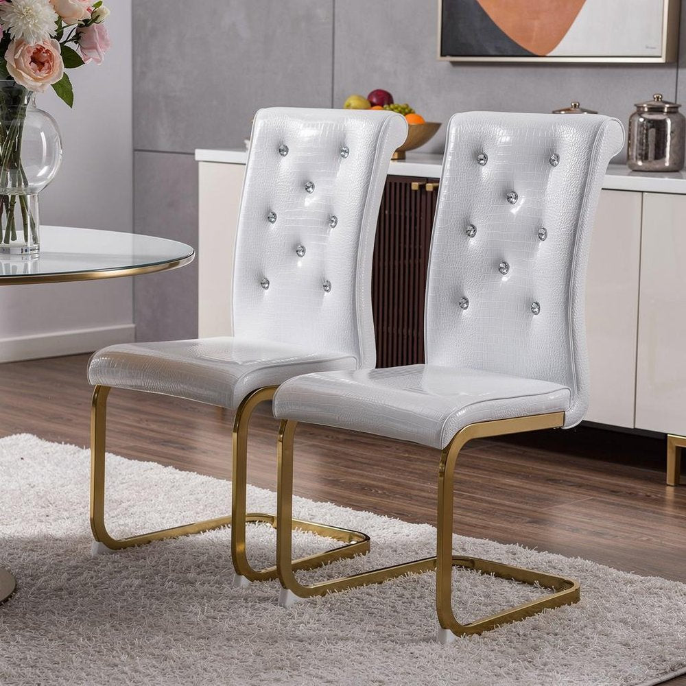 Set of Two White And Silver Tufted Faux Leather And Metal Dining Side Chairs HomeRoots