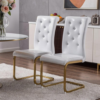 Set of Two White And Silver Tufted Faux Leather And Metal Dining Side Chairs HomeRoots