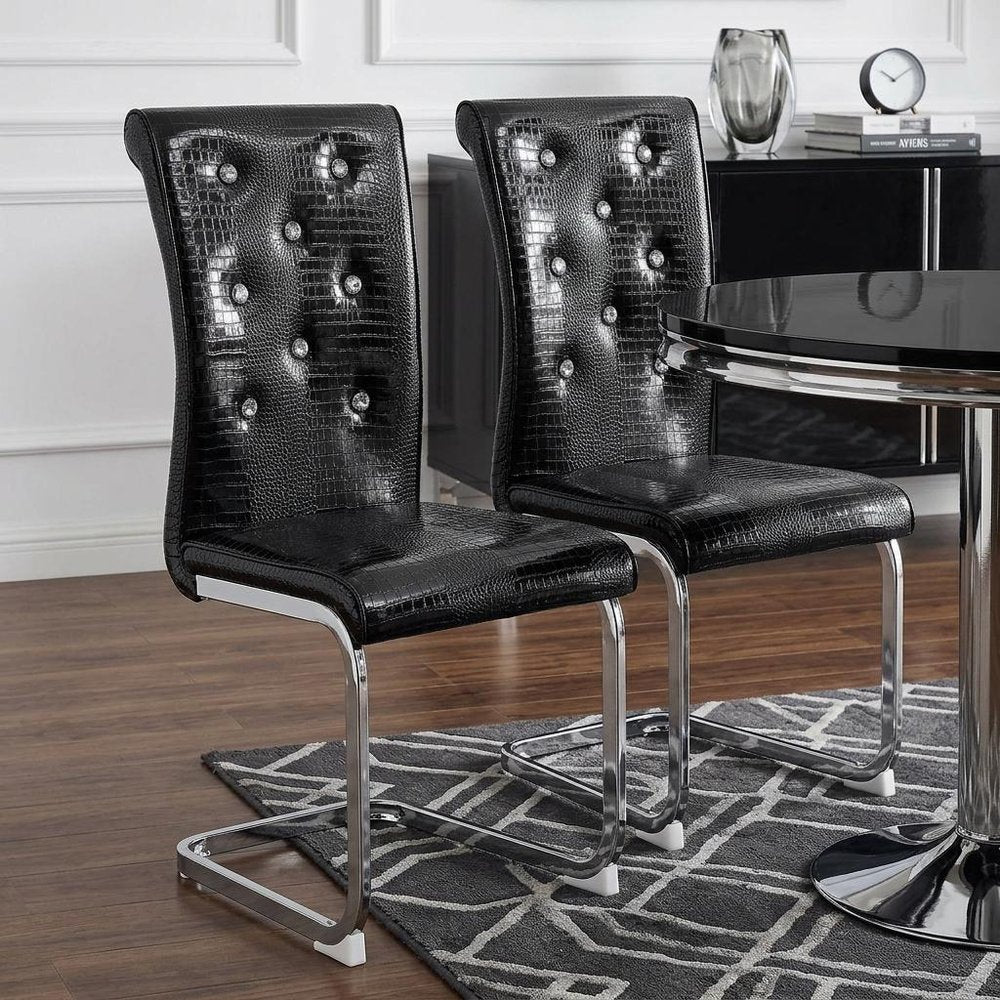 Set of Two Black Tufted Faux Leather And Metal Dining Side Chairs — view 6