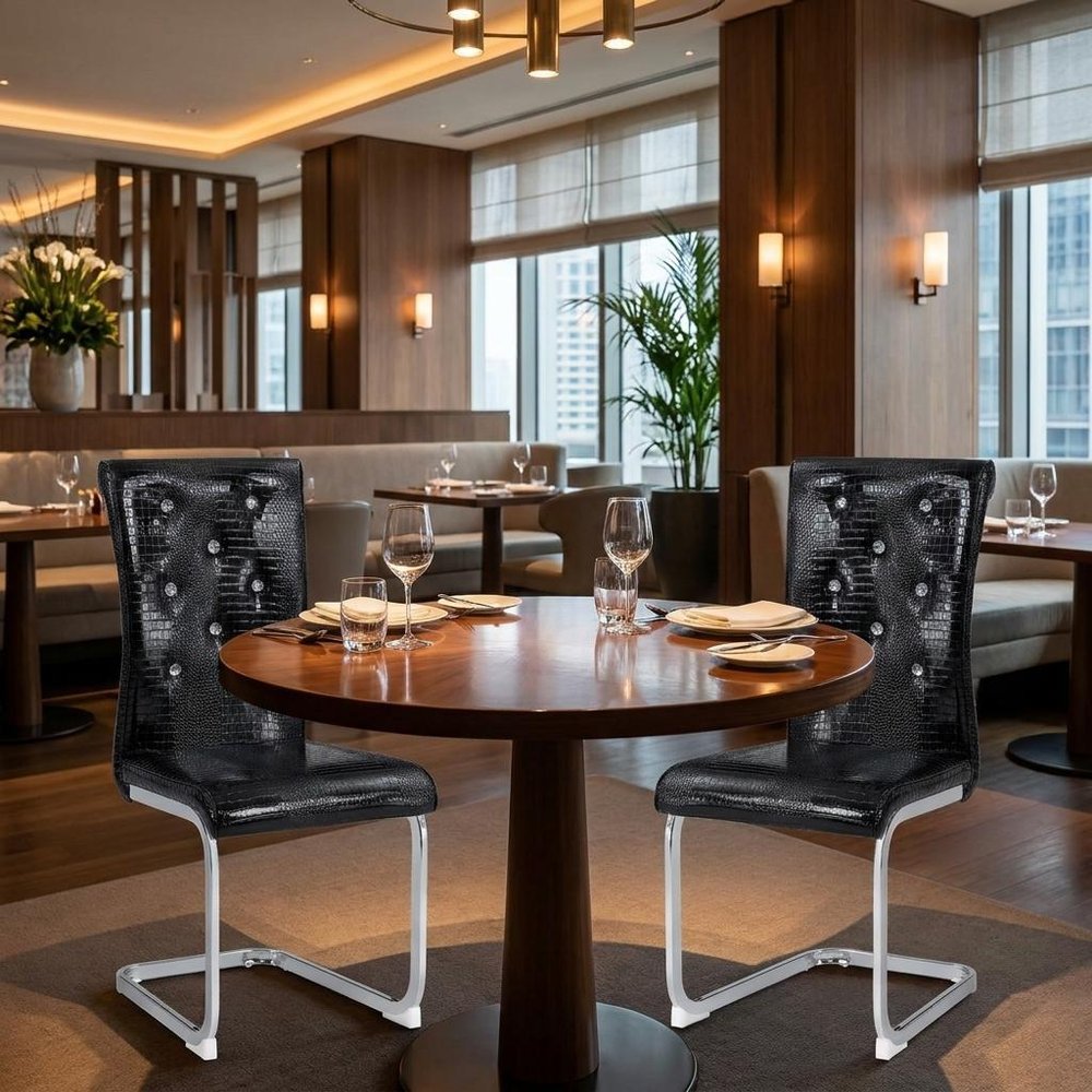 Set of Two Black Tufted Faux Leather And Metal Dining Side Chairs