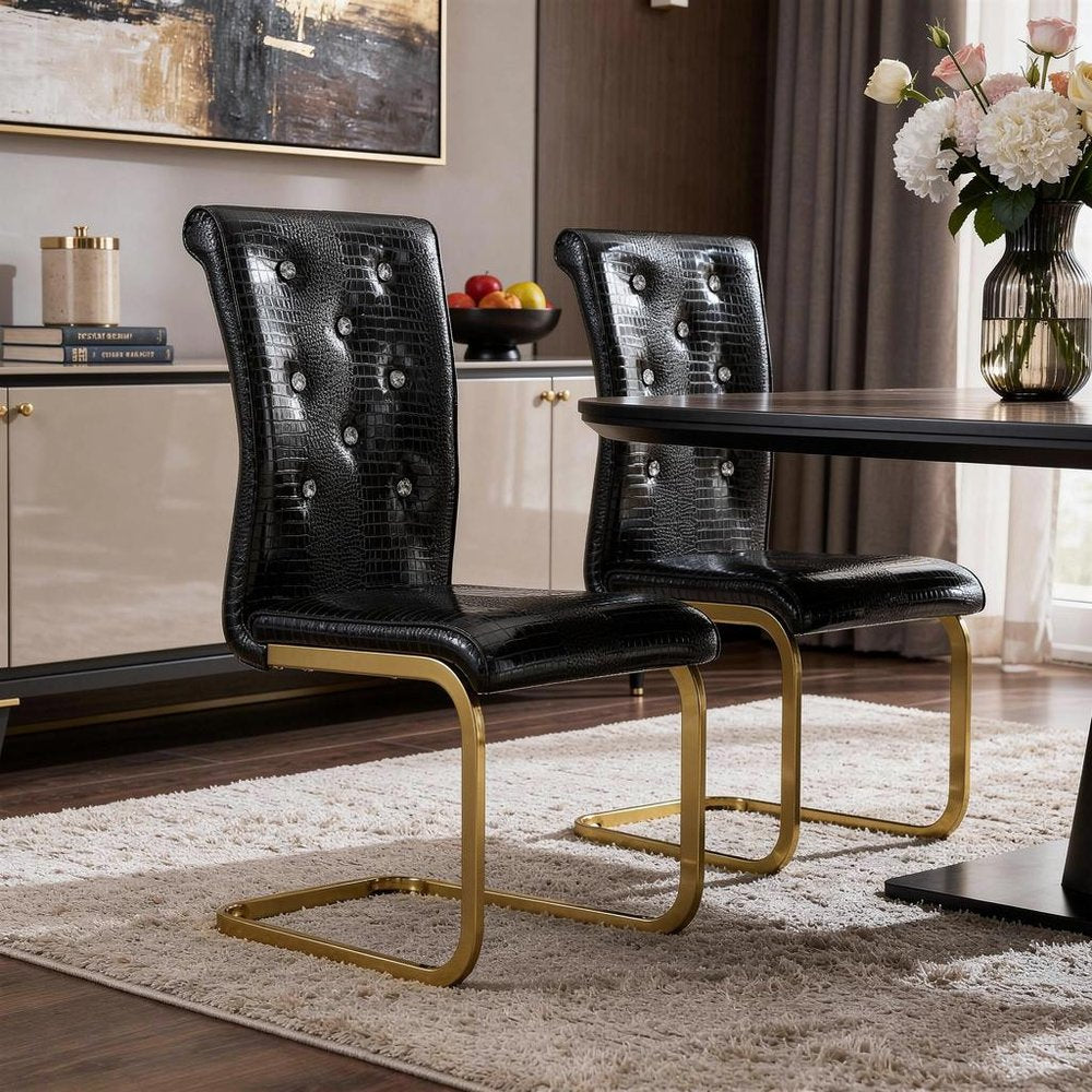 Set of Two Black Tufted Faux Leather And Metal Dining Side Chairs — view 14