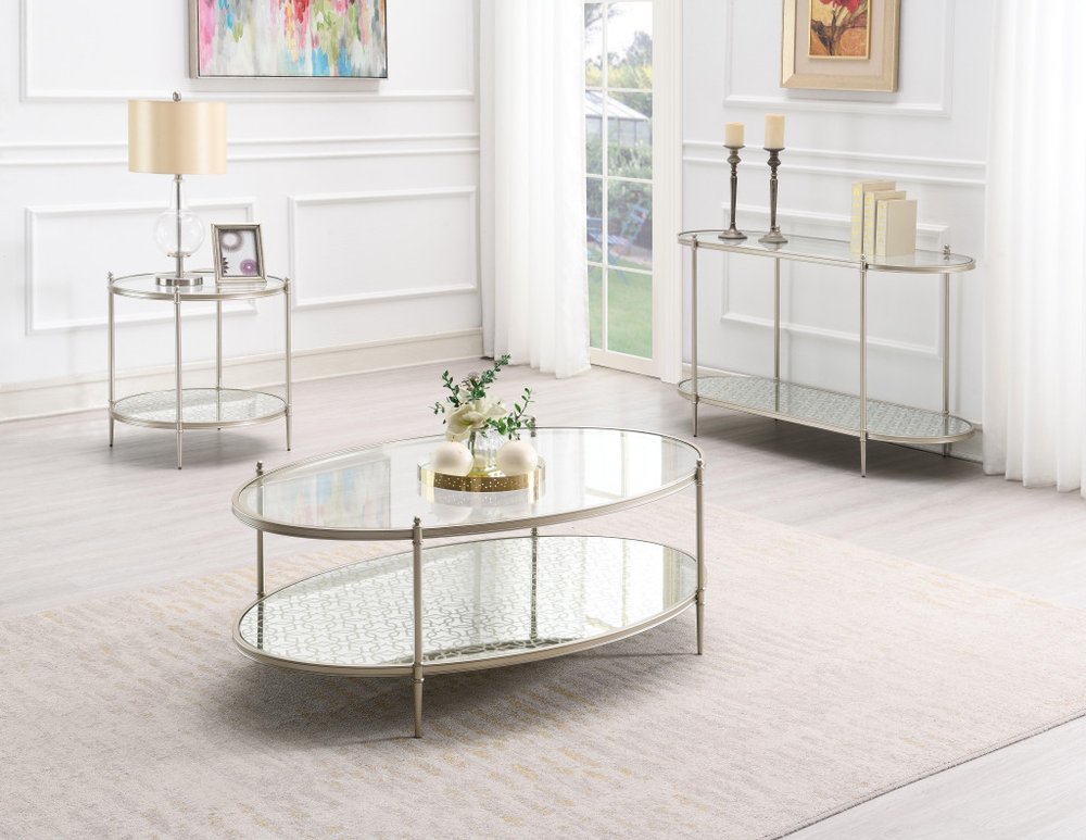 50" Clear and Champagne Glass and Steel Oval Coffee Table HomeRoots
