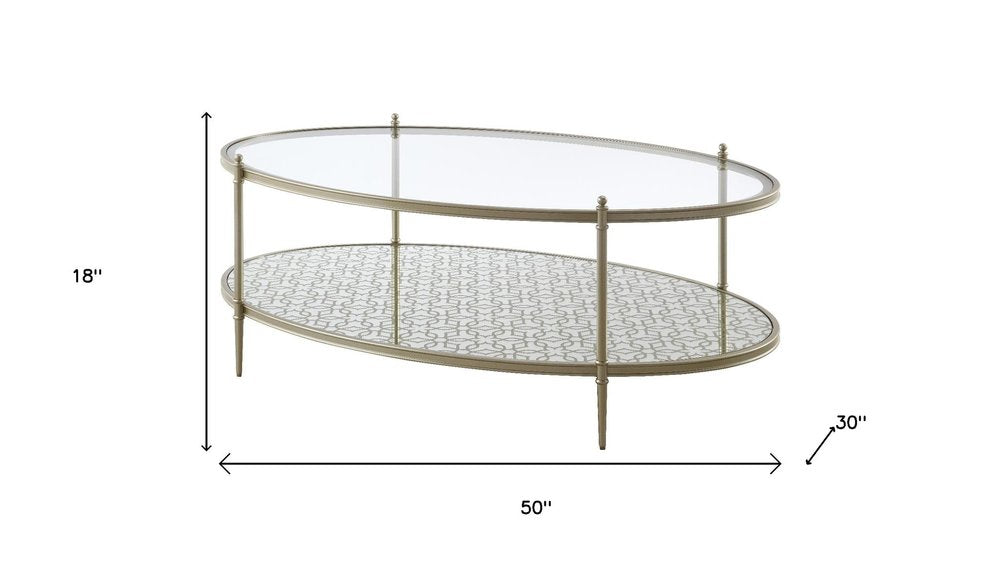 50" Clear and Champagne Glass and Steel Oval Coffee Table — view 5