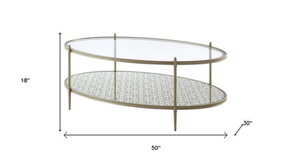 50" Clear and Champagne Glass and Steel Oval Coffee Table