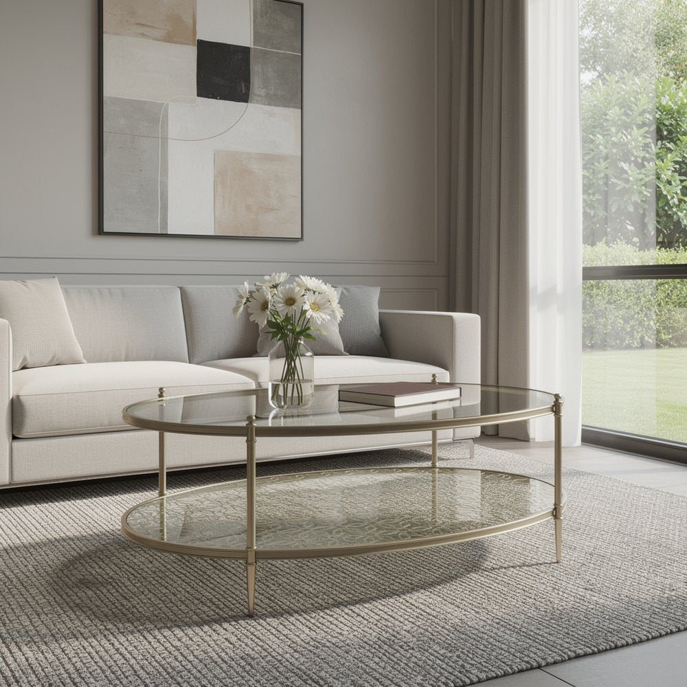 50" Clear and Champagne Glass and Steel Oval Coffee Table HomeRoots