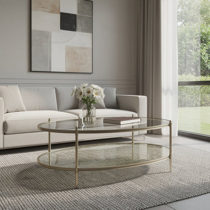 50" Clear and Champagne Glass and Steel Oval Coffee Table HomeRoots