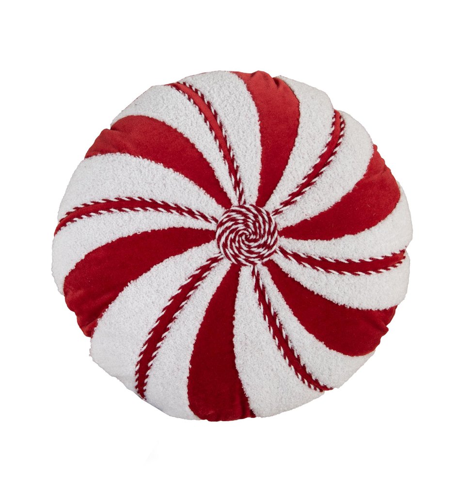 16" Red And White Cotton Velvet Round Christmas Striped Throw Pillow — view 3