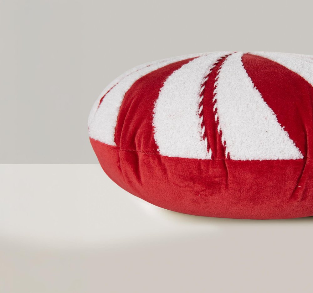 16" Red And White Cotton Velvet Round Christmas Striped Throw Pillow — view 4