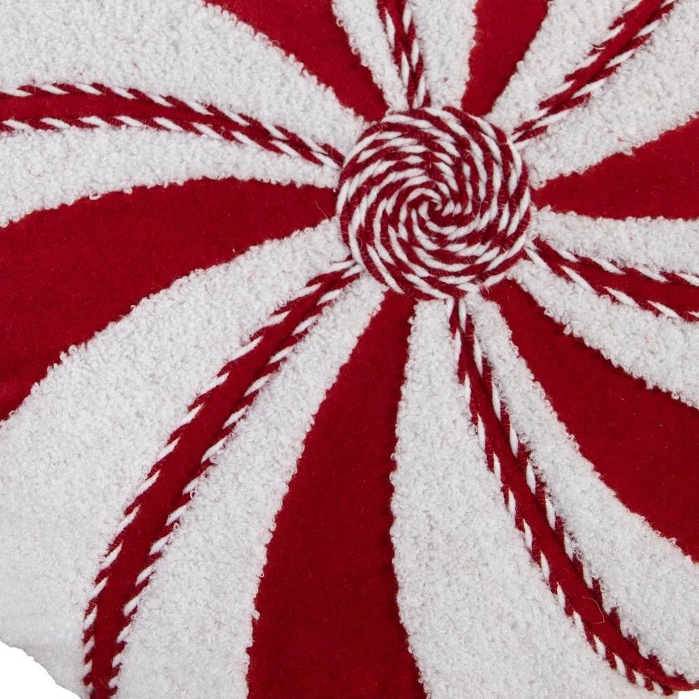 16" Red And White Cotton Velvet Round Christmas Striped Throw Pillow — view 6