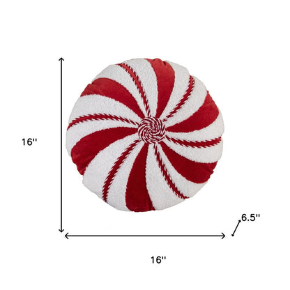 16" Red And White Cotton Velvet Round Christmas Striped Throw Pillow